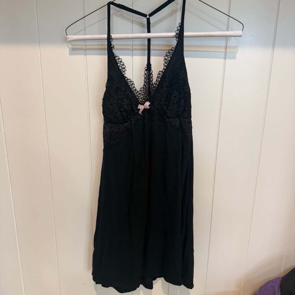 Victoria's Secret Black Lace Trim Chemise Nightie Slip Dress XS